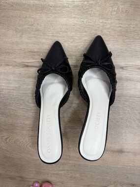 Society Black Pointed Toe Slip-On Mules with Bow